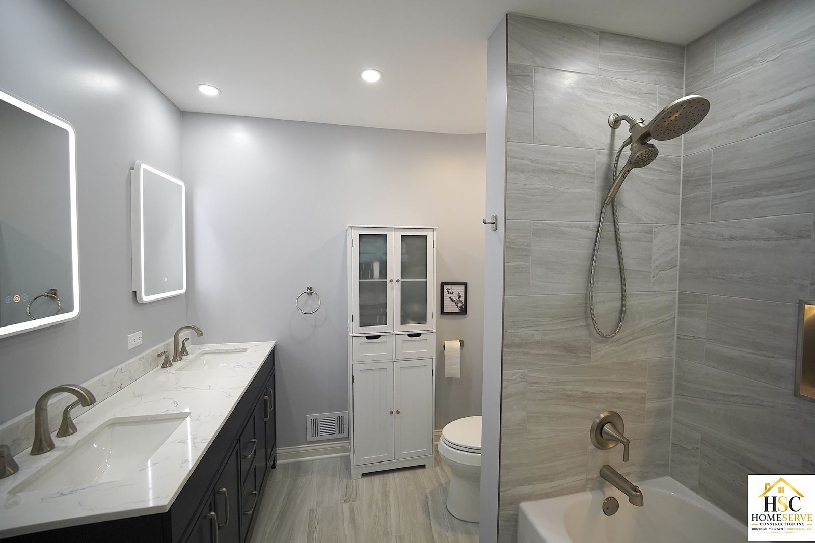 Gurnee bathroom after - double vanity and walk-in shower entry