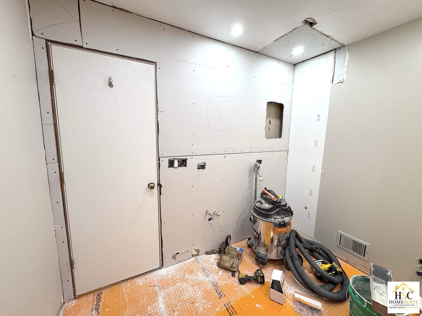 Gurnee bathroom - new drywall, framed niche, and waterproofing membrane
