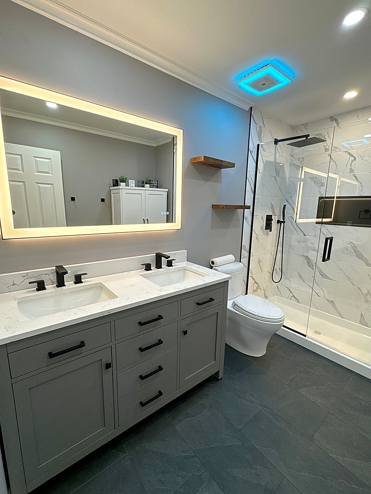 Finished bathroom with double vanity